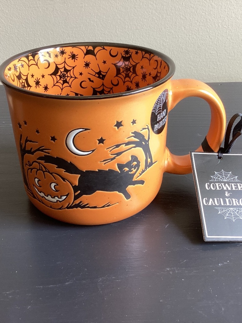 NWT Cobwebs & Cauldrons Black Cat n Pumpkin Ceramic Halloween 18oz Mug